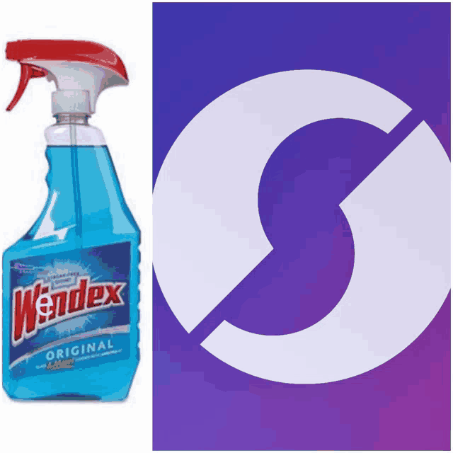 a bottle of windex next to a purple and white circle