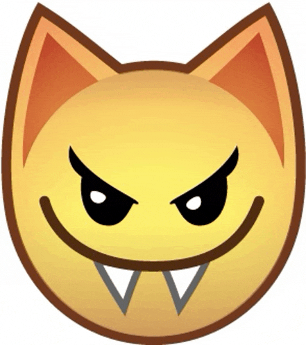 a yellow smiley face with black eyes and sharp teeth on a white background