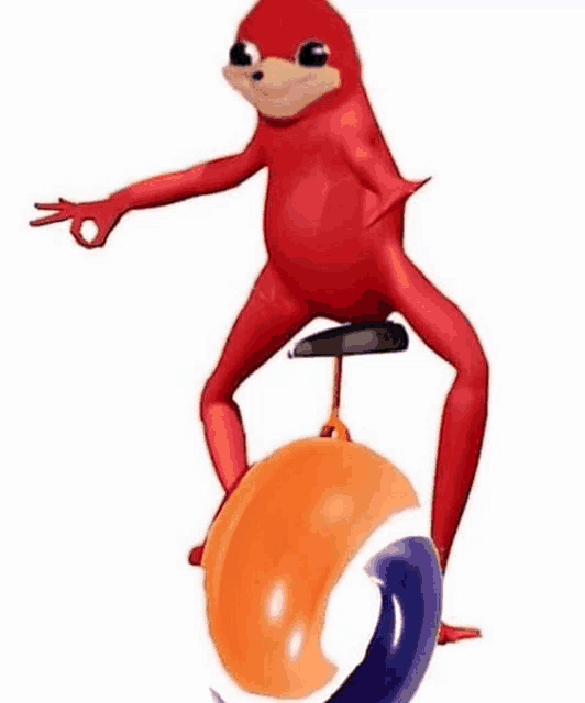 a red cartoon character is riding a ball on a unicycle and making an ok sign .