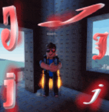 a man standing in a room with letters j and f flying around him