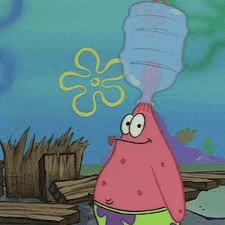 patrick star is drinking water from a water bottle on his head .