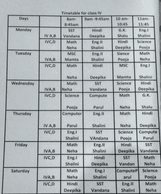 a timetable for class iv is shown on a white background