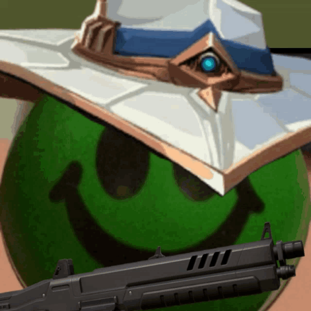 a green ball with a smiley face on it and a gun