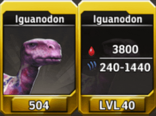 a purple dinosaur with the name iguanodon next to another dinosaur