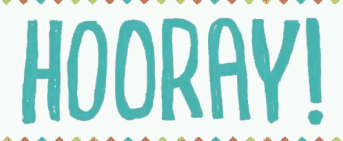 the word hooray is written in blue on a white background with colorful dots .