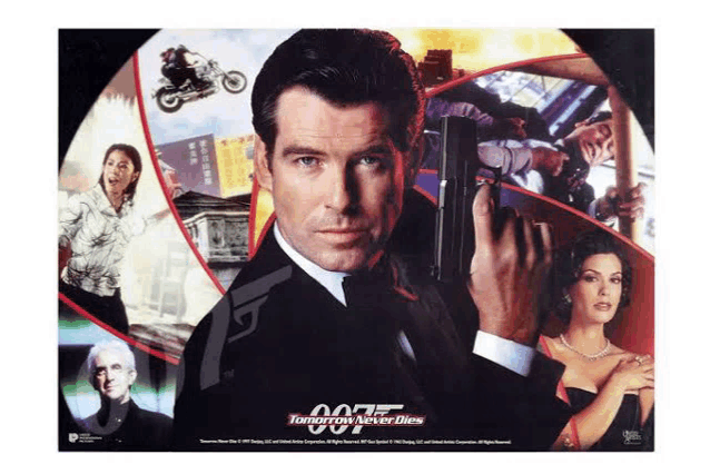 a poster for the movie tomorrow never dies shows a man holding a gun