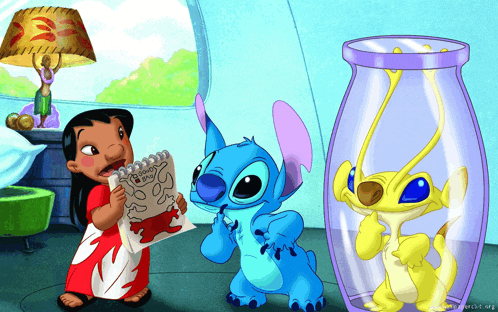 a cartoon drawing of stitch and a girl with a notepad that says ' i love you ' on it