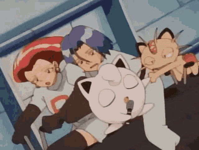 a group of cartoon characters are sitting next to each other and one of them is holding a cat .