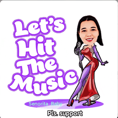 a cartoon of a woman singing with the words let 's hit the music below her