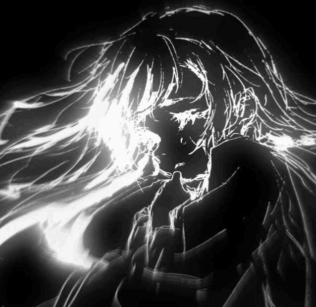 a black and white drawing of a girl with glowing hair