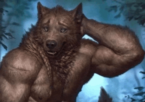 a werewolf with muscles is standing in the woods .