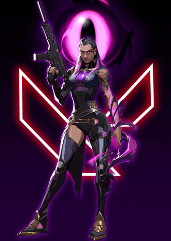 a woman holding a gun stands in front of a purple background