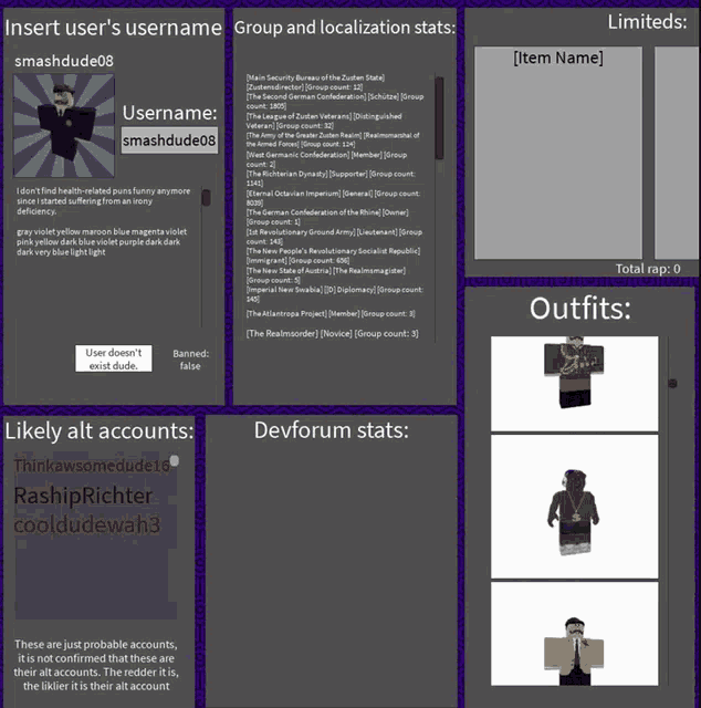 a screenshot of a user 's username group and localization stats outfits and devforum stats