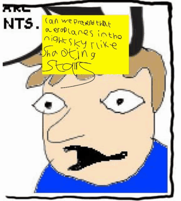 a cartoon of a man with a yellow post it note on his face that says nts