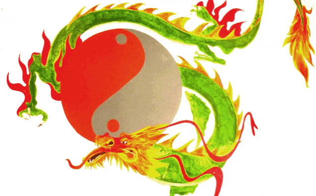 a painting of a dragon with a yin yang symbol on its head