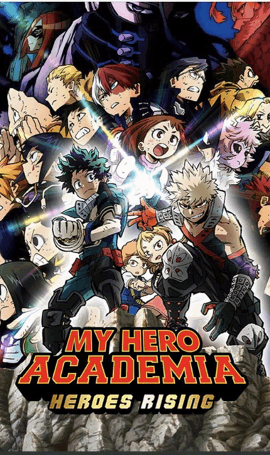 a poster for my hero academia heroes rising with a bunch of characters