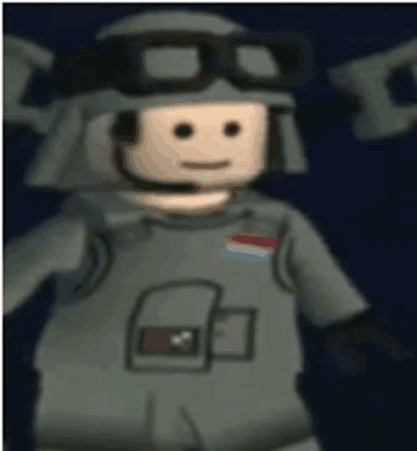 a lego figure wearing a helmet and goggles is smiling