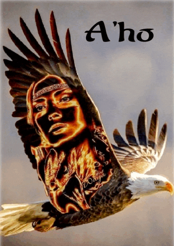 a painting of an eagle with a woman 's face on it and the word a ' ho below it