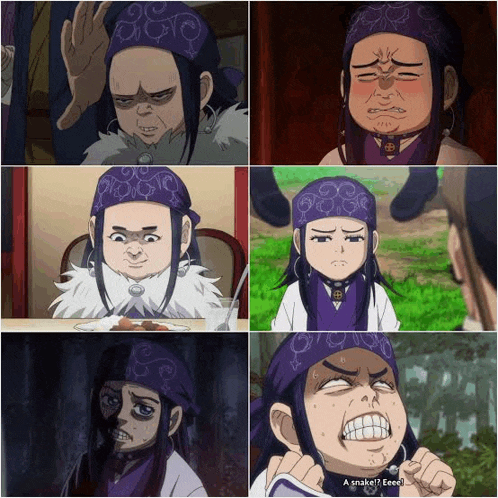 a collage of a cartoon character with a purple hat