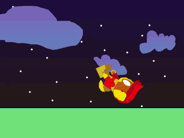 a cartoon drawing of a superhero flying through the night sky