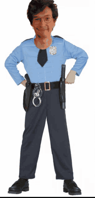 a man dressed as a police officer with his hands on his hips and a badge on his chest