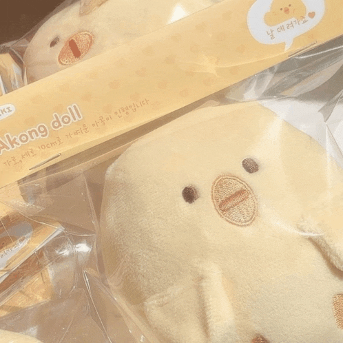 a stuffed animal with a yellow box that says akong doll on it