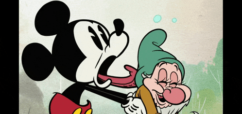 a cartoon of mickey mouse licking a dwarf with his tongue