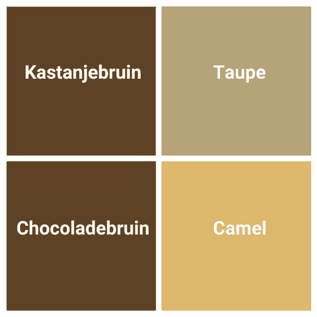 four squares of different colors with the words kastanjebruin taupe chocoladebruin and camel written on them