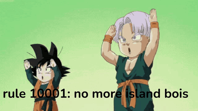 a cartoon of goku and trunks standing next to each other with the words rule 10001 no more island bois below them