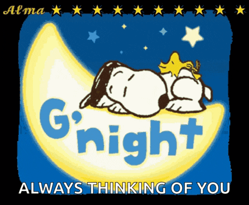 a cartoon of snoopy sleeping on a crescent moon with the words " always thinking of you " below him