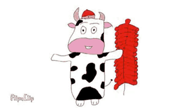 a cartoon cow is holding a red lantern in its hand .