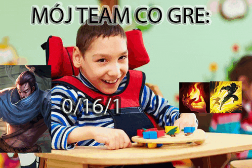 a boy in a wheelchair is playing with blocks and the words moj team co gre