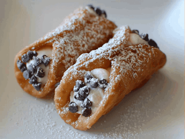 two cannoli with powdered sugar and chocolate chips on a plate