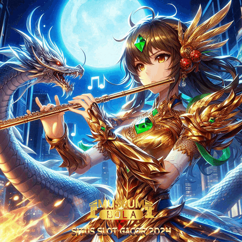 a girl is playing a flute with a dragon behind her and the words slot gacor on the bottom right