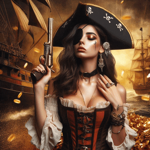 a woman in a pirate costume holds a gun in front of a ship