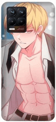 a shirtless anime boy in a suit and tie is holding a phone case .