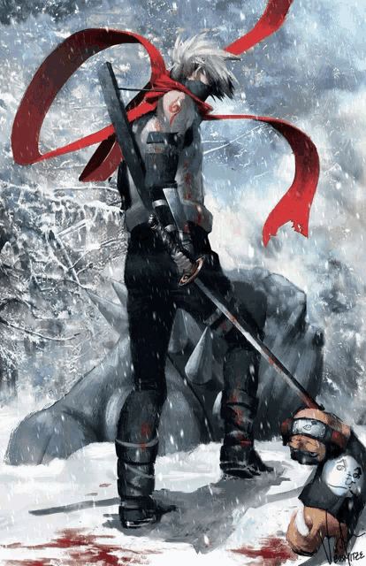 a painting of a man with a red scarf around his neck holding a sword in the snow