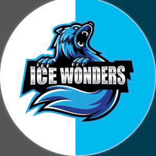 the logo for ice wonders is a blue wolf with its mouth open and a long tail .