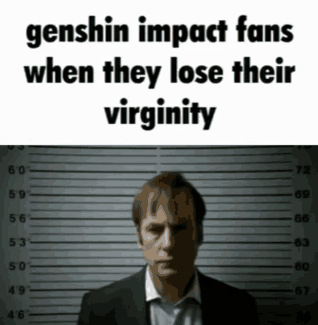 a man in a suit and tie is in a mugshot with the words genshin impact fans when they lose their virginity