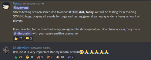 a screenshot of a discord chat between upesu and shadow dev