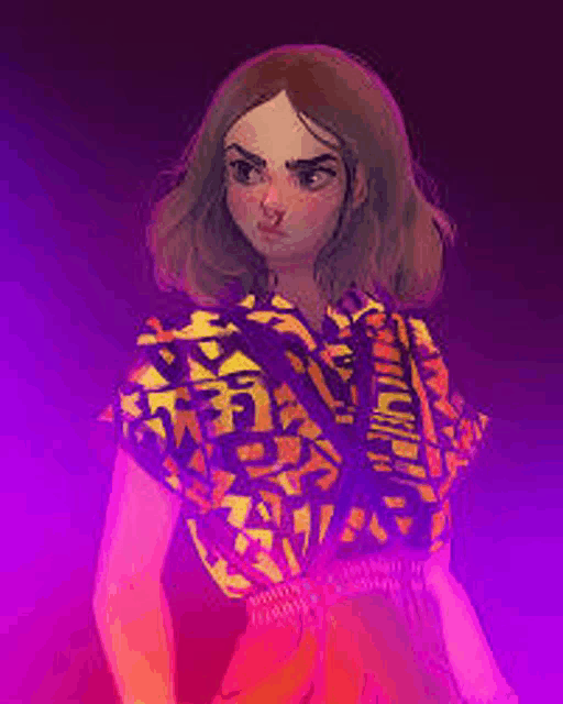 a drawing of eleven from stranger things with a purple background and a purple light behind her .