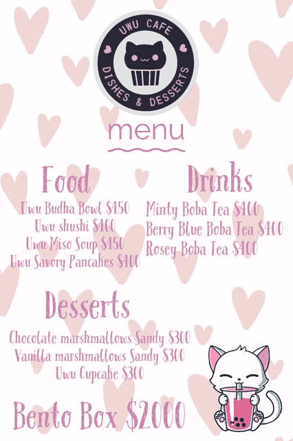 a menu for uwu cafe dishes and desserts includes a bento box for $ 2000