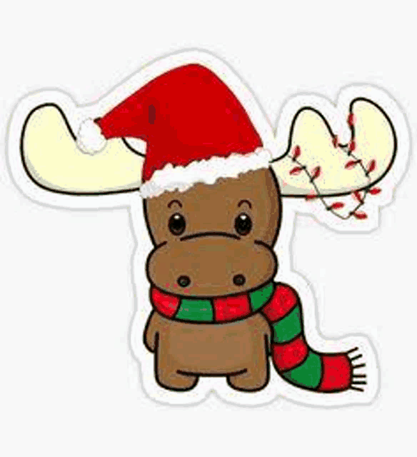 a moose wearing a santa hat and scarf is a christmas sticker .