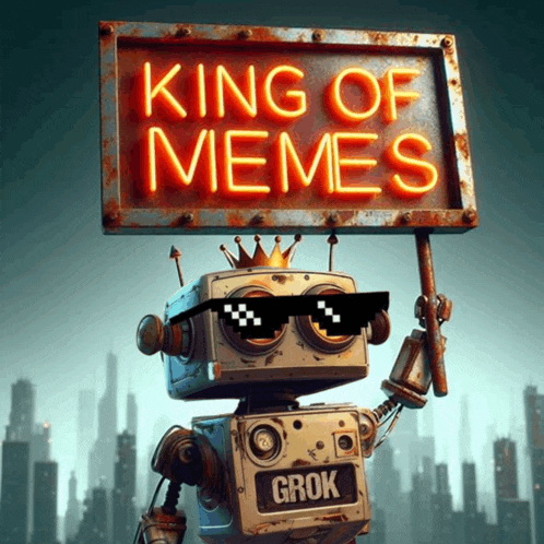 a robot wearing sunglasses holds up a sign that says king of memes