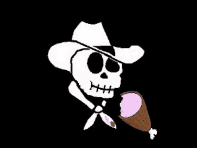 a skull wearing a cowboy hat and holding a piece of meat