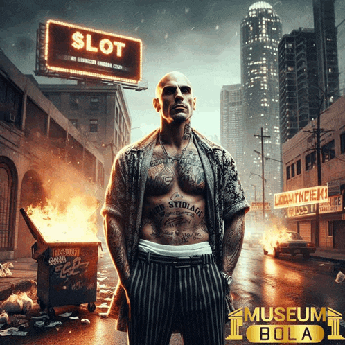 a man with a tattoo on his chest stands in front of a billboard that says slot