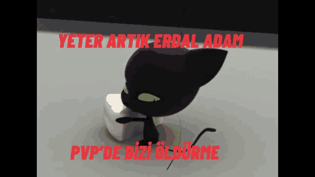 a black cat with green eyes is sitting on a white cube with the words yeter artik erdal adam pvp de bizi öldürme