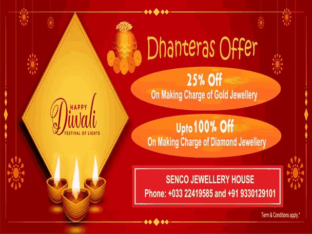 an advertisement for diwali offers a 25% off on making charge of gold jewelry