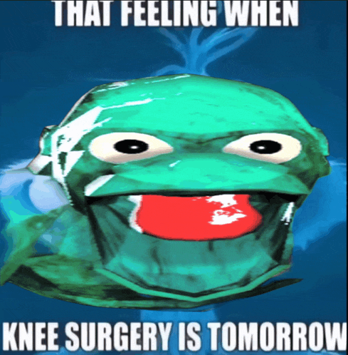 a picture of a frog with the words that feeling when knee surgery is tomorrow on the bottom