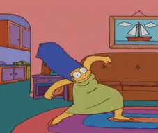 a cartoon of marge simpson dancing in a living room with a picture of a sailboat on the wall